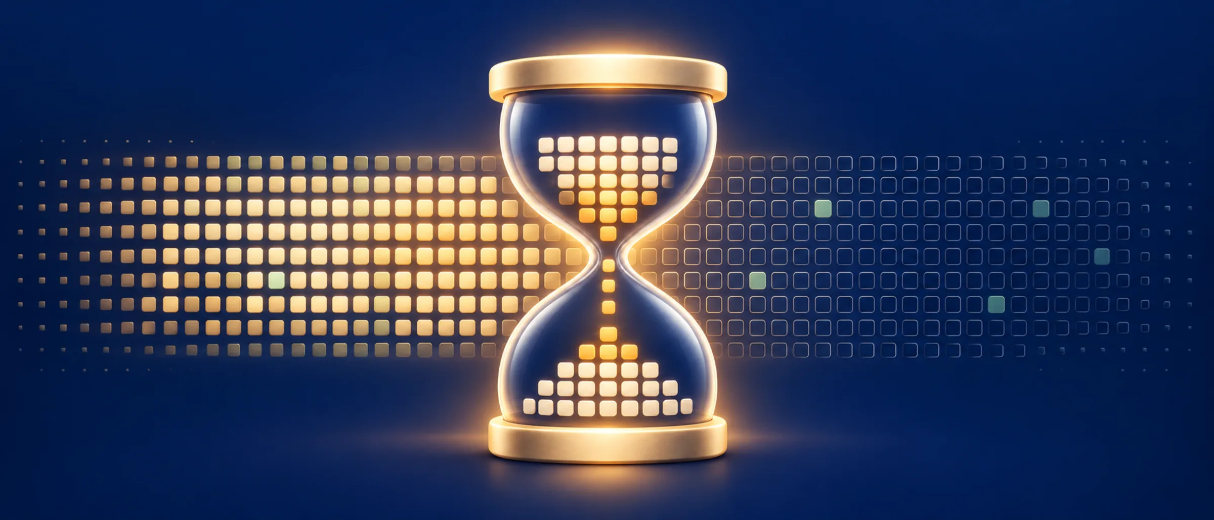A golden hourglass with square grains falling through it