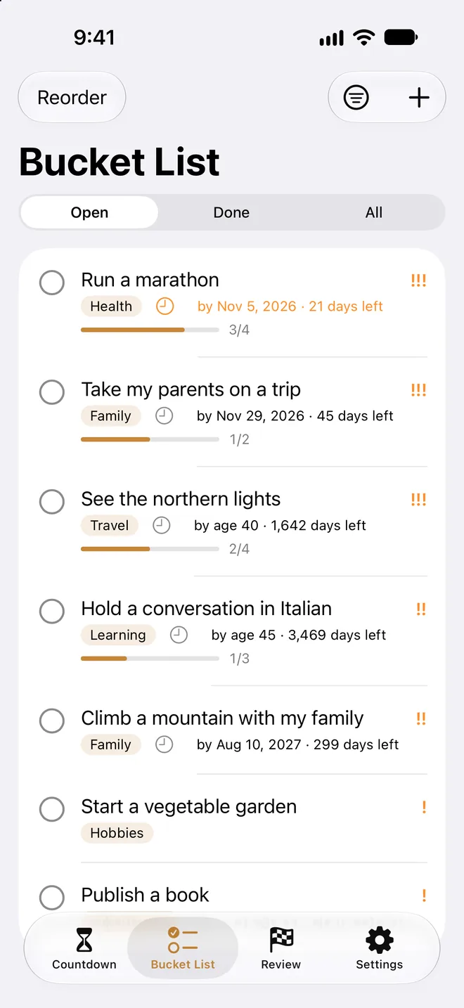 The bucket list screen